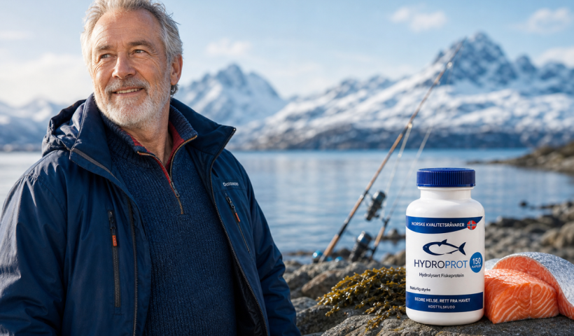 Illustrasjon av en nordnorsk friluftsmann ved fjorden sammen med HydroProt