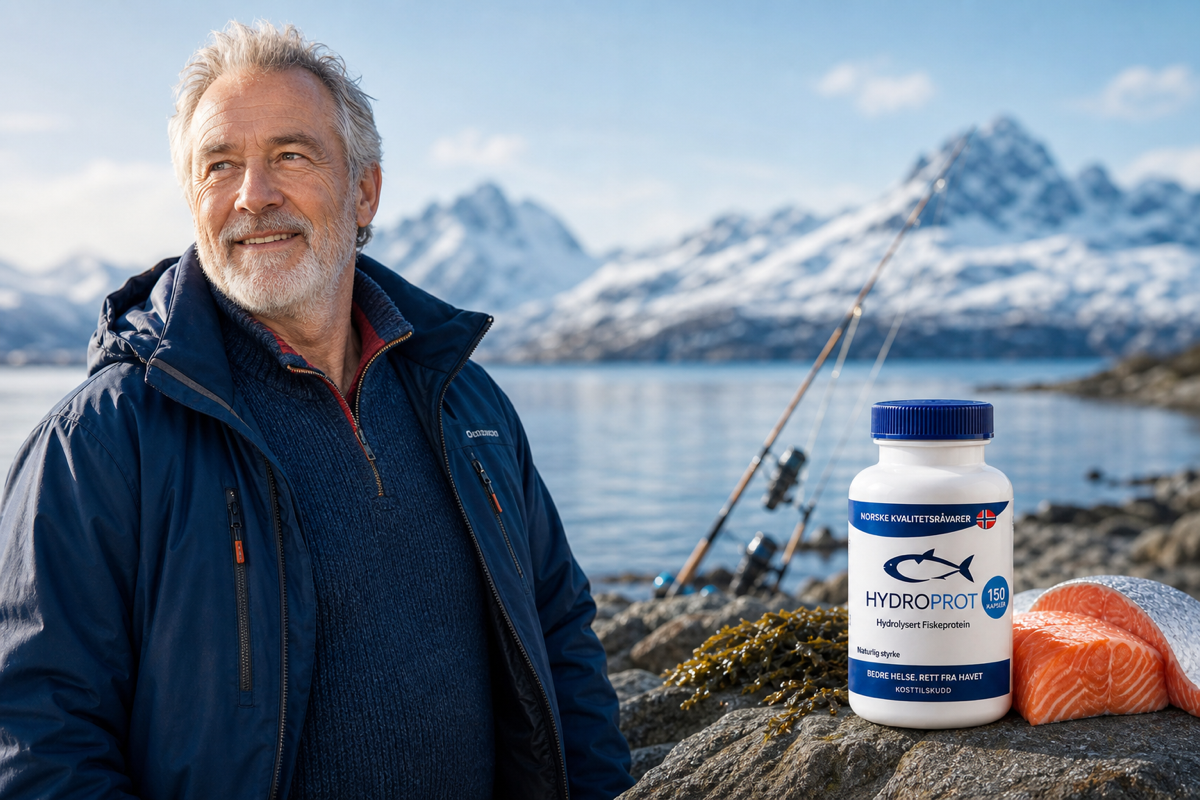 Illustrasjon av en nordnorsk friluftsmann ved fjorden sammen med HydroProt