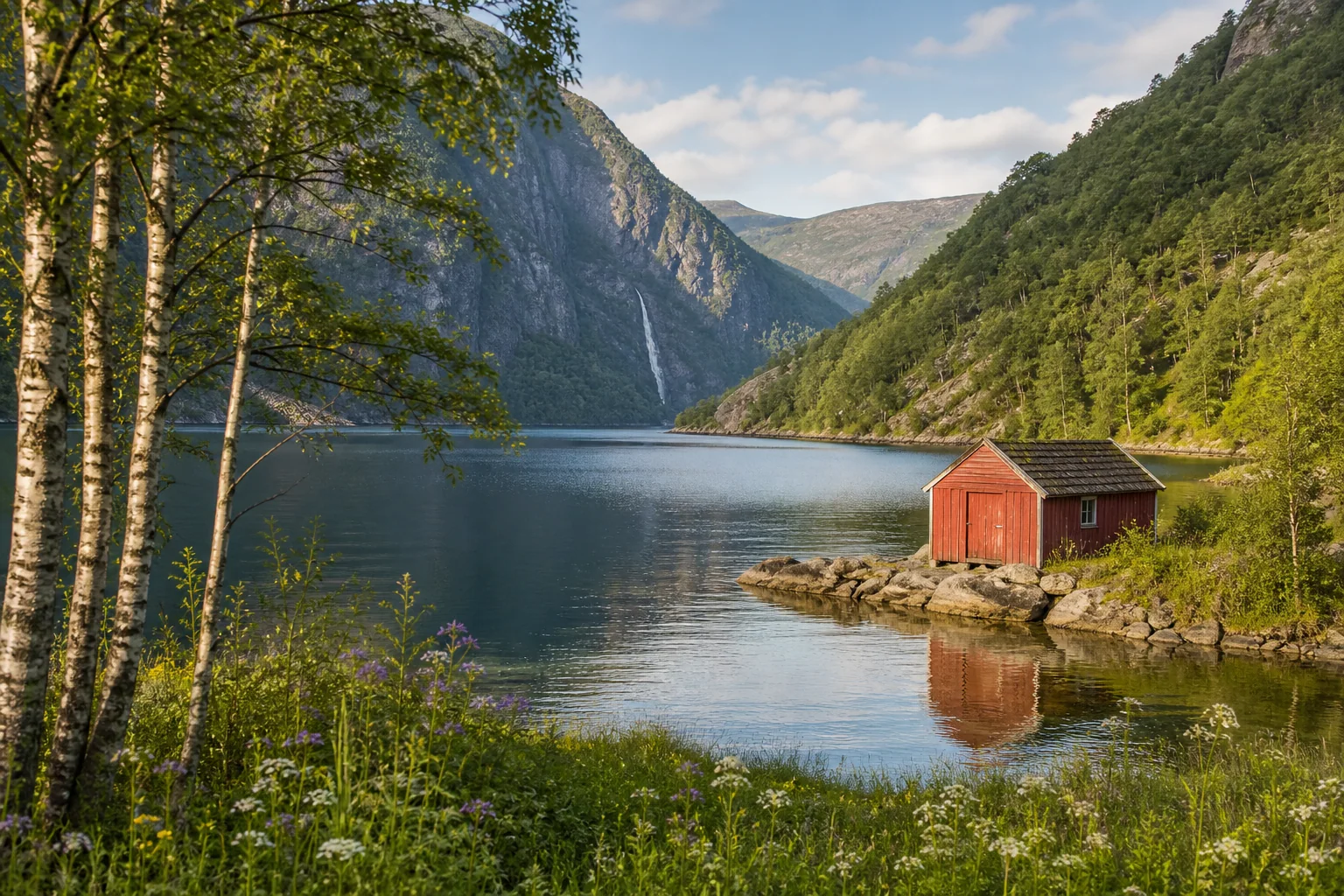 Norsk fjord med rødt naust