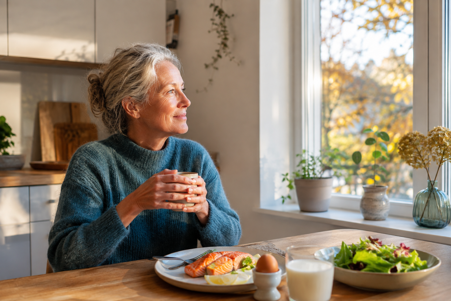 En eldre kvinne ved et måltid med laks, egg og melk i høstlys