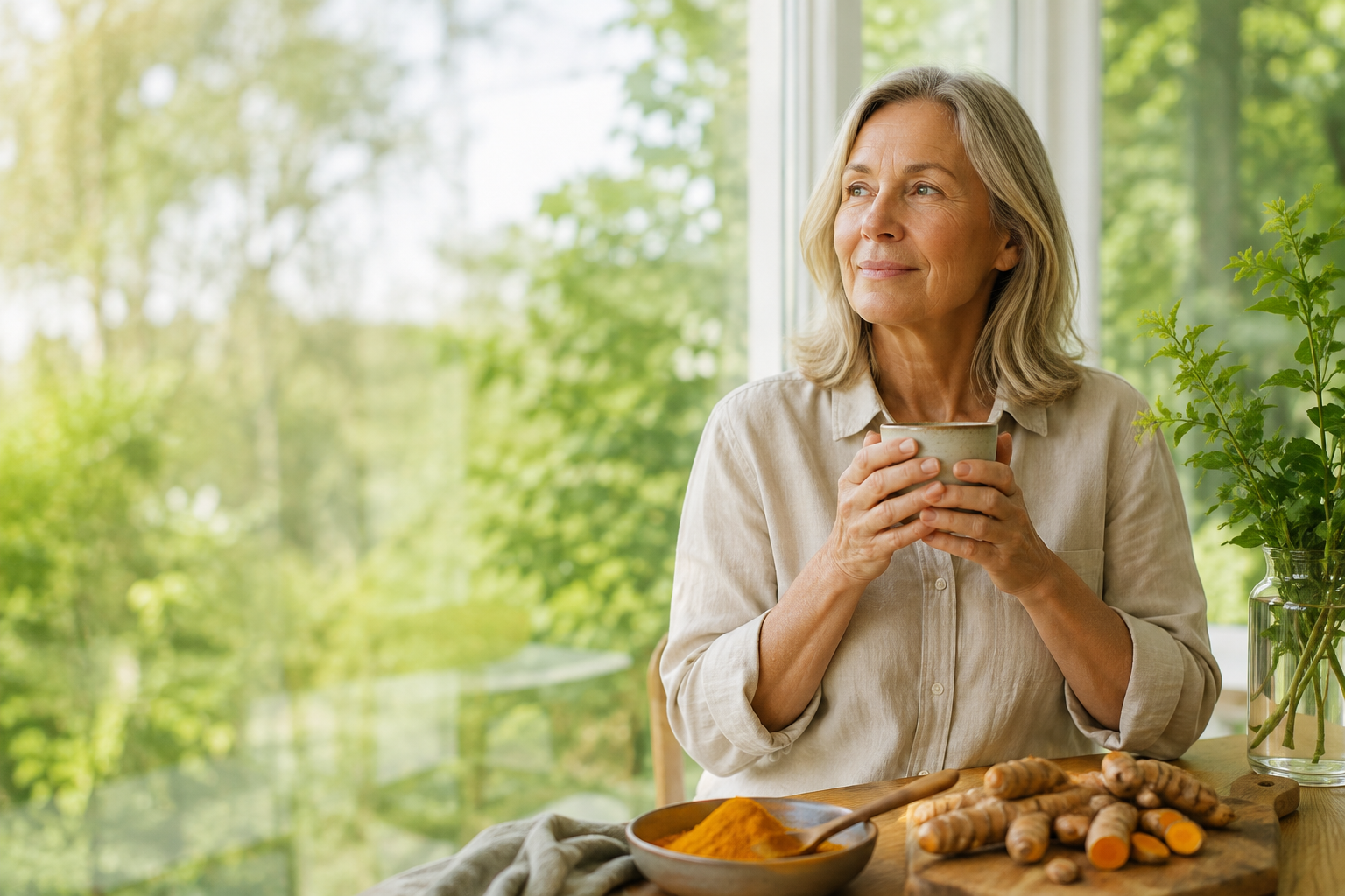 Eldre kvinne ved et bord med gurkemeie, ingefær og sort pepper