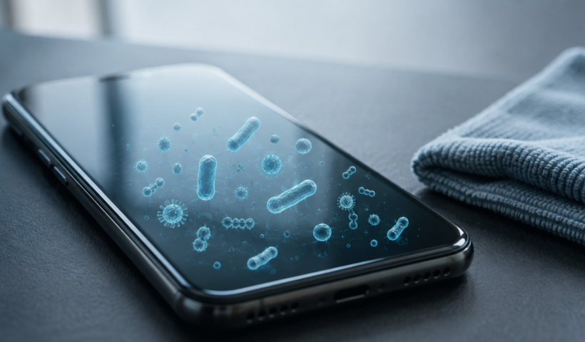 Smarttelefon med visualiserte bakterier på skjermen og en mikrofiberklut ved siden av