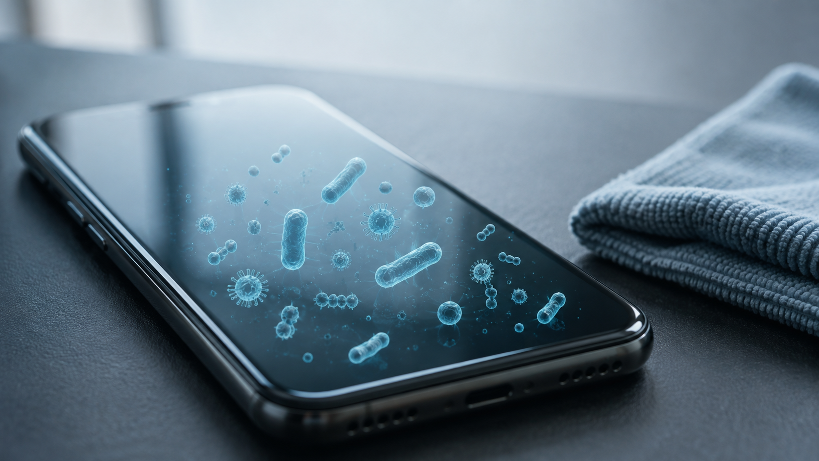 Smarttelefon med visualiserte bakterier på skjermen og en mikrofiberklut ved siden av